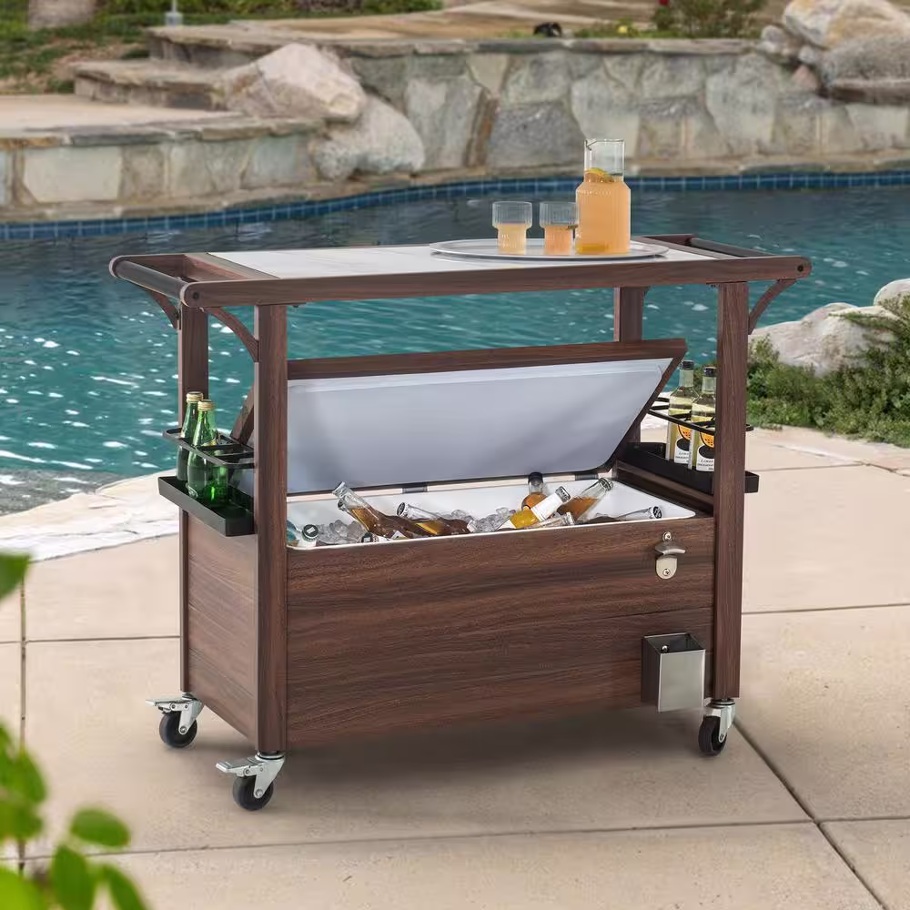 Sunjoy IceCove Brown Metal Rolling Serving Trolley Marble Countertop Bar Cart with 80 qt. Ice Chest Cooler