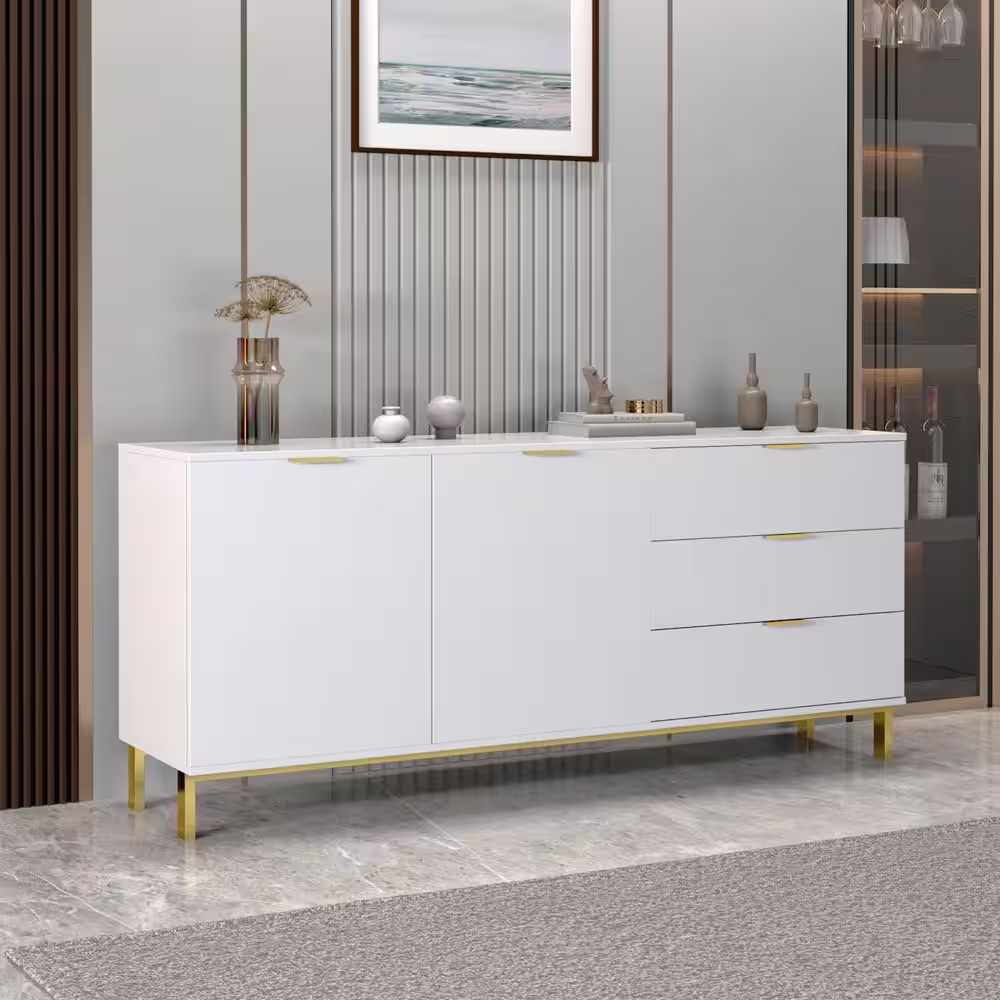 None 62.9 in. W White Paint Sideboard Kitchen Buffet Cupboard with Drawers and Shelves, Metal Legs