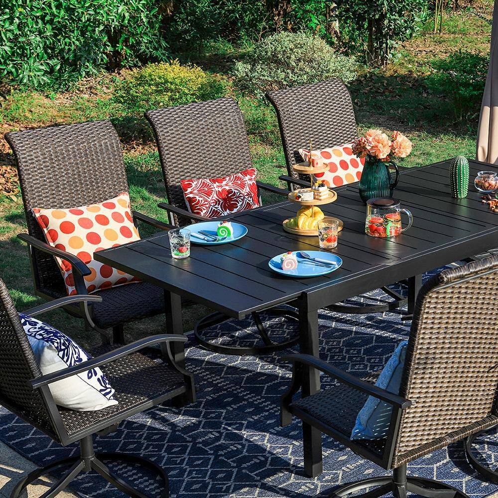 None 9-Piece Metal Rectangle Patio Outdoor Dining Set with Extensible Table and Swivel Chair