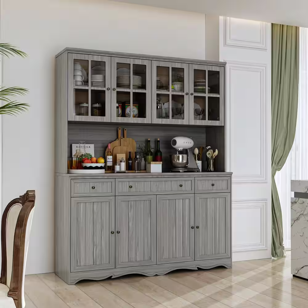 None Gray Painted Wood 61.2 in. W Food Pantry Cabinet With Drawers and Adjustable Shelves, Glass Doors, Hutch