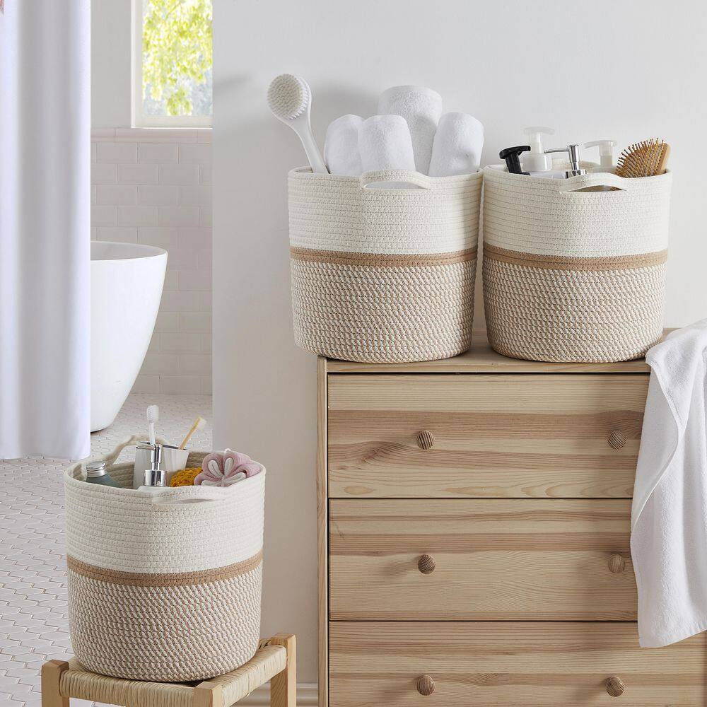 None 3 Pack Woven 100% Cotton Rope Shelf Storage Basket with Handles - 11x11x11