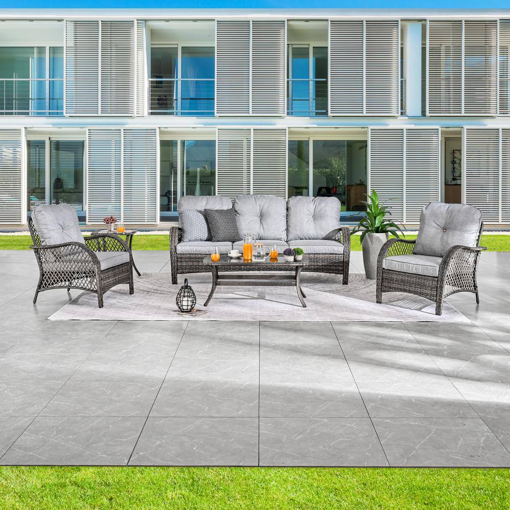 Patio Festival 5-Piece Wicker Patio Conversation Set with Gray Cushions