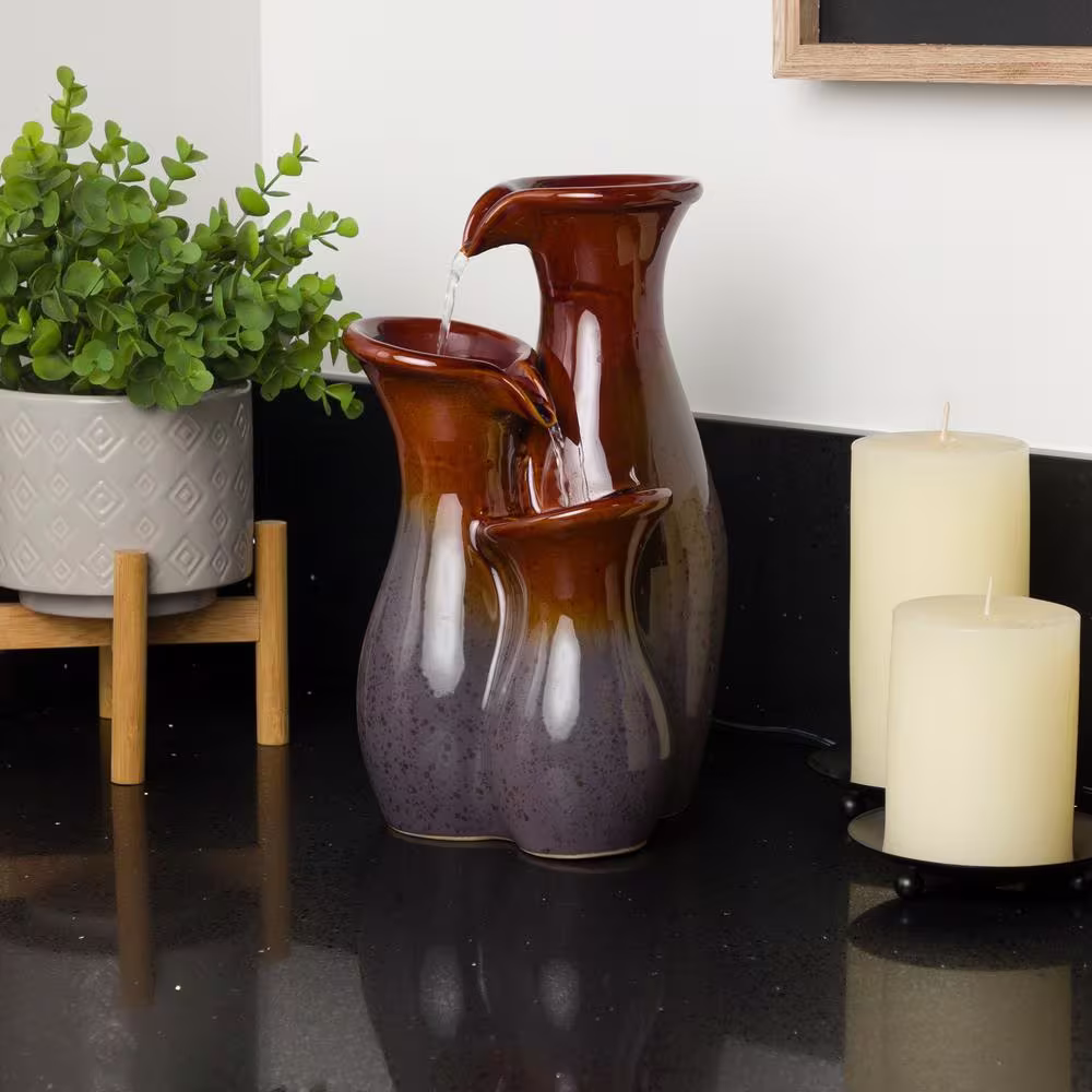 Alpine Corporation 11 in. H Indoor Tiered Glossy Ceramic Vase Tabletop Fountain, Brown/Gray