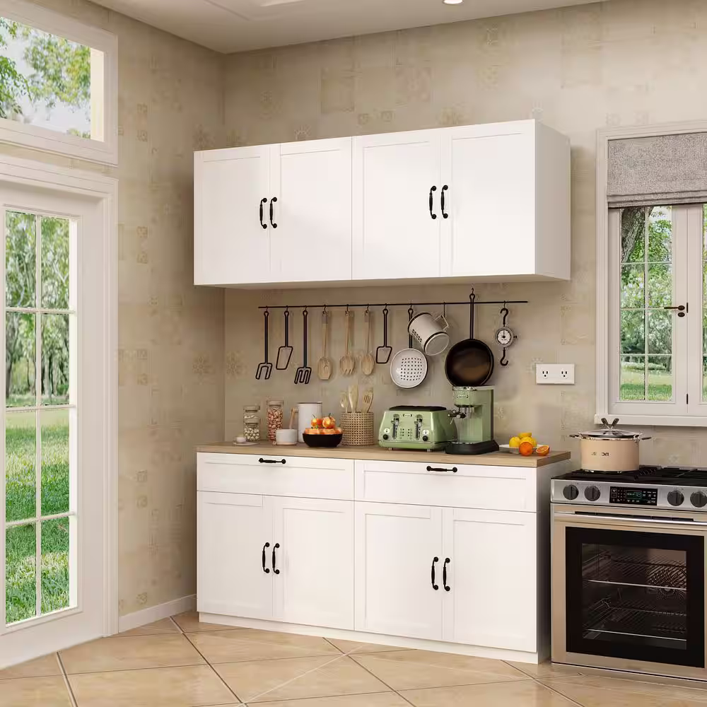 None White Wooden Sideboard, Storage Cabinet, with Wall Mounted Kitchen Cabinet( Two Parts )