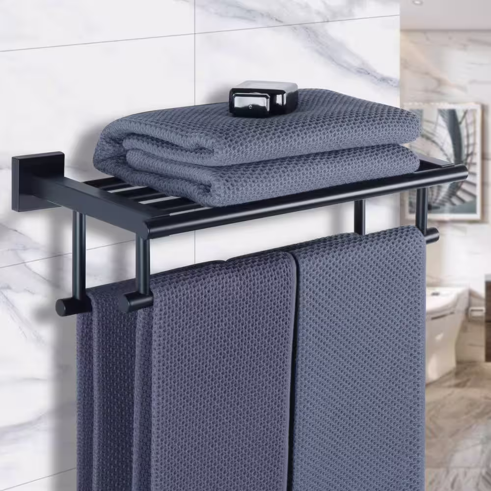 None 16 in. Bathroom Towel Rack with 2 Towel Bars Wall Mount Holder in Matte Black