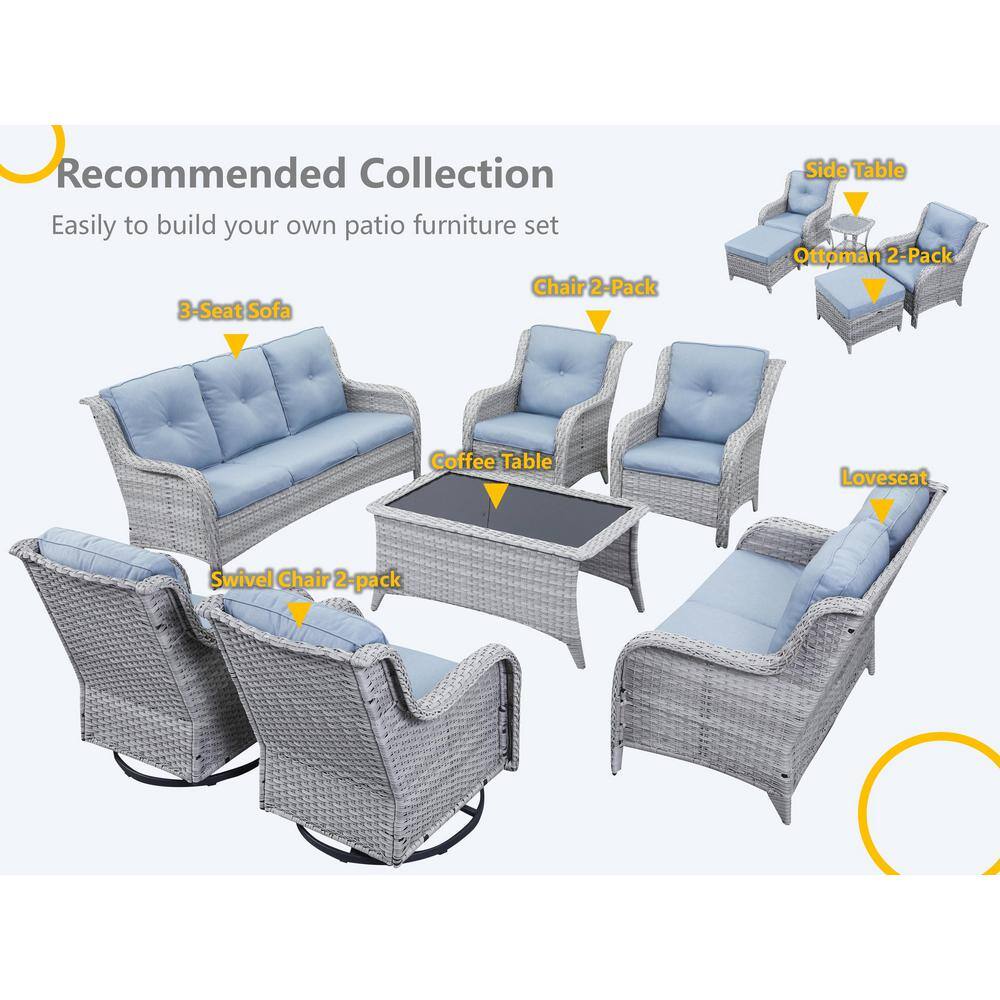 Gymojoy Carolina Light Gray 3-Pieces Wicker Patio Conversation Deep Seating Set with Olefin Baby Blue Cushions