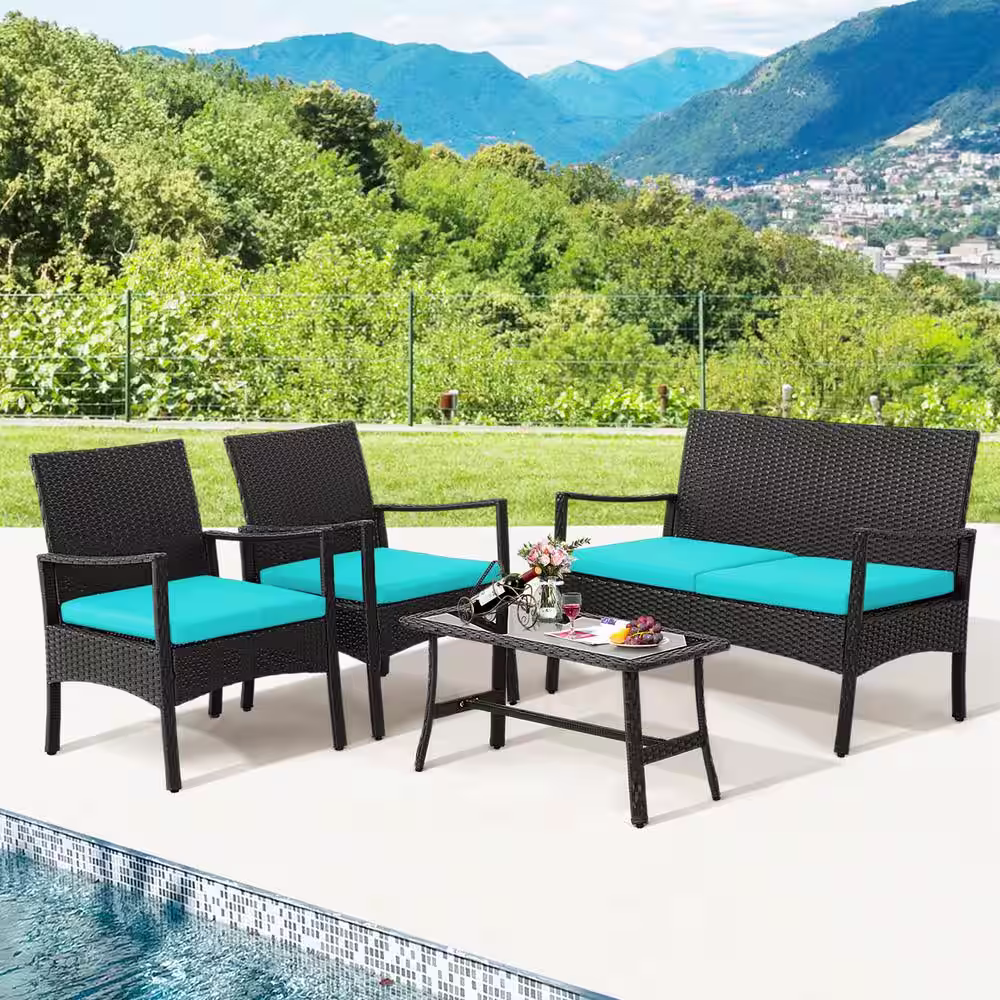 Costway 4-Pieces Patio Wicker Furniture Conversation Set with Turquoise Cushions Chairs and Loveseat Coffee Table Garden