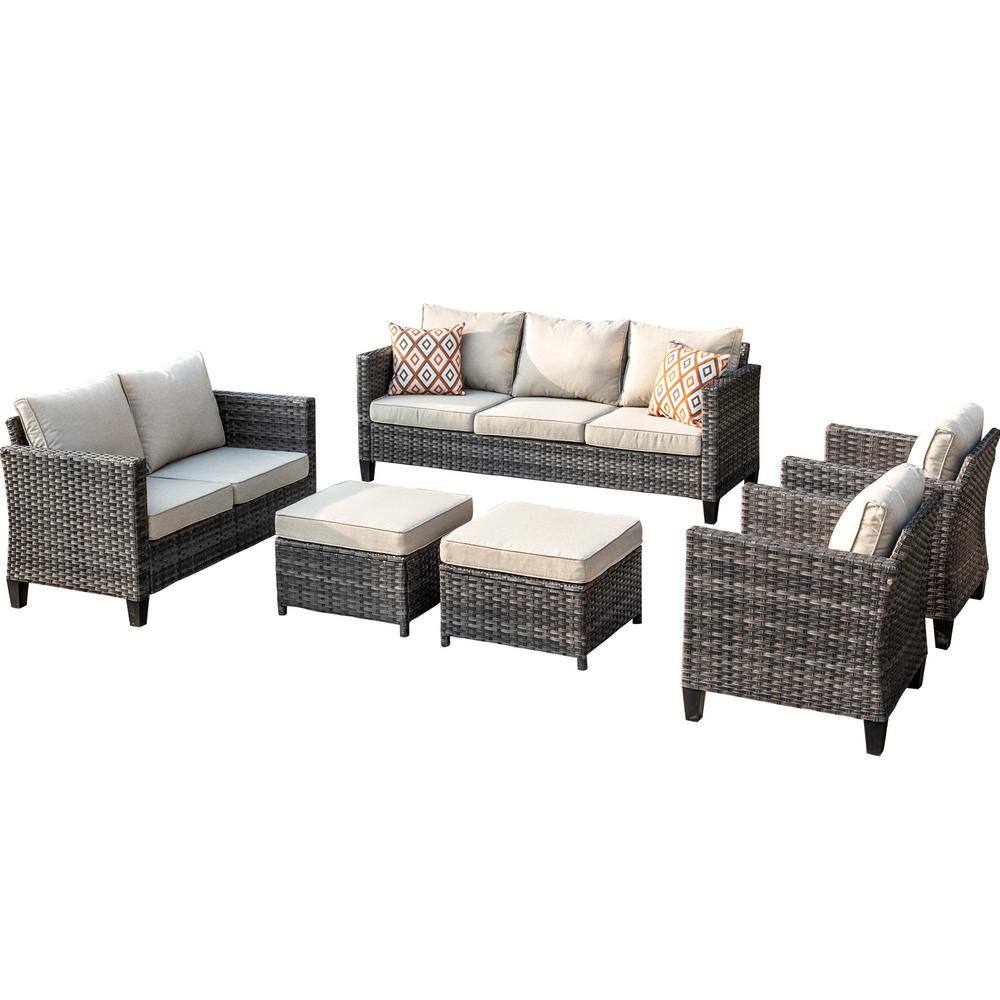 XIZZI Venus Gray 6-Piece Wicker Outdoor Patio Conversation Seating Set with Beige Cushions