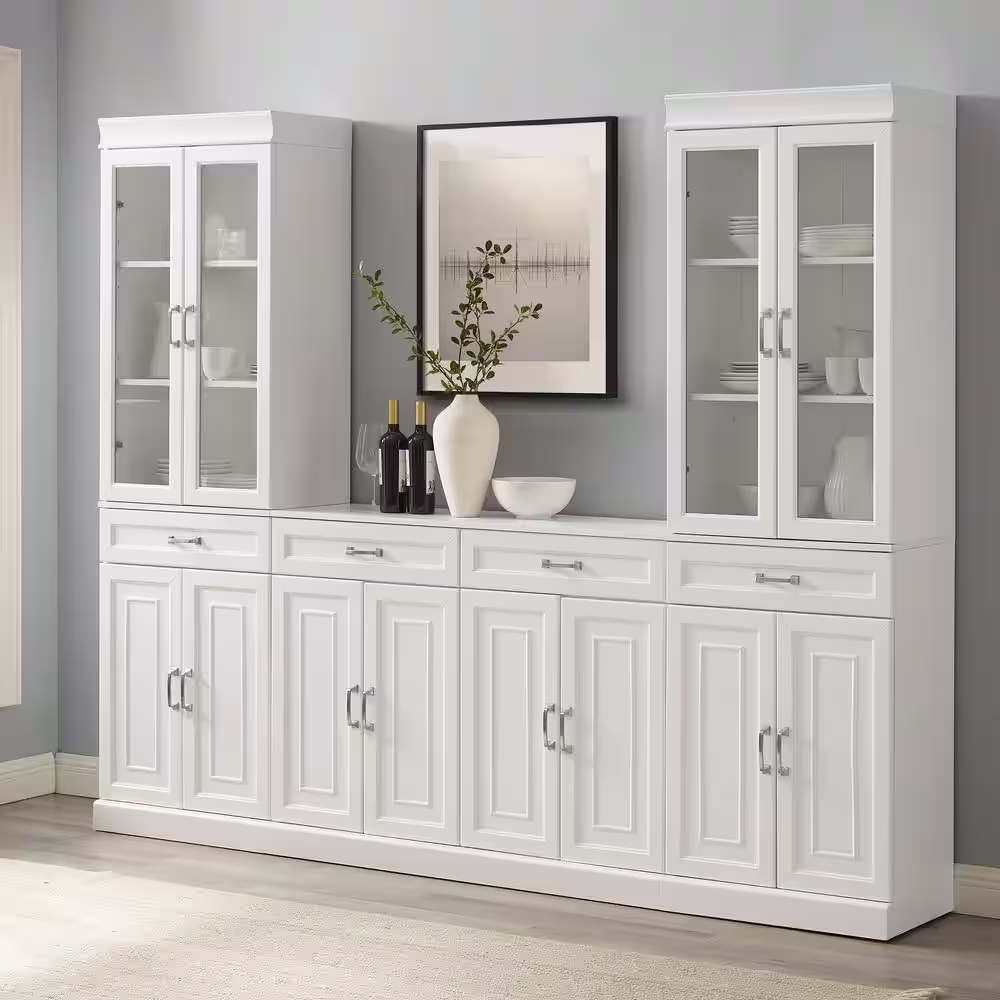 CROSLEY FURNITURE Stanton 3-Piece White Glass Door Pantry Set with Sideboard