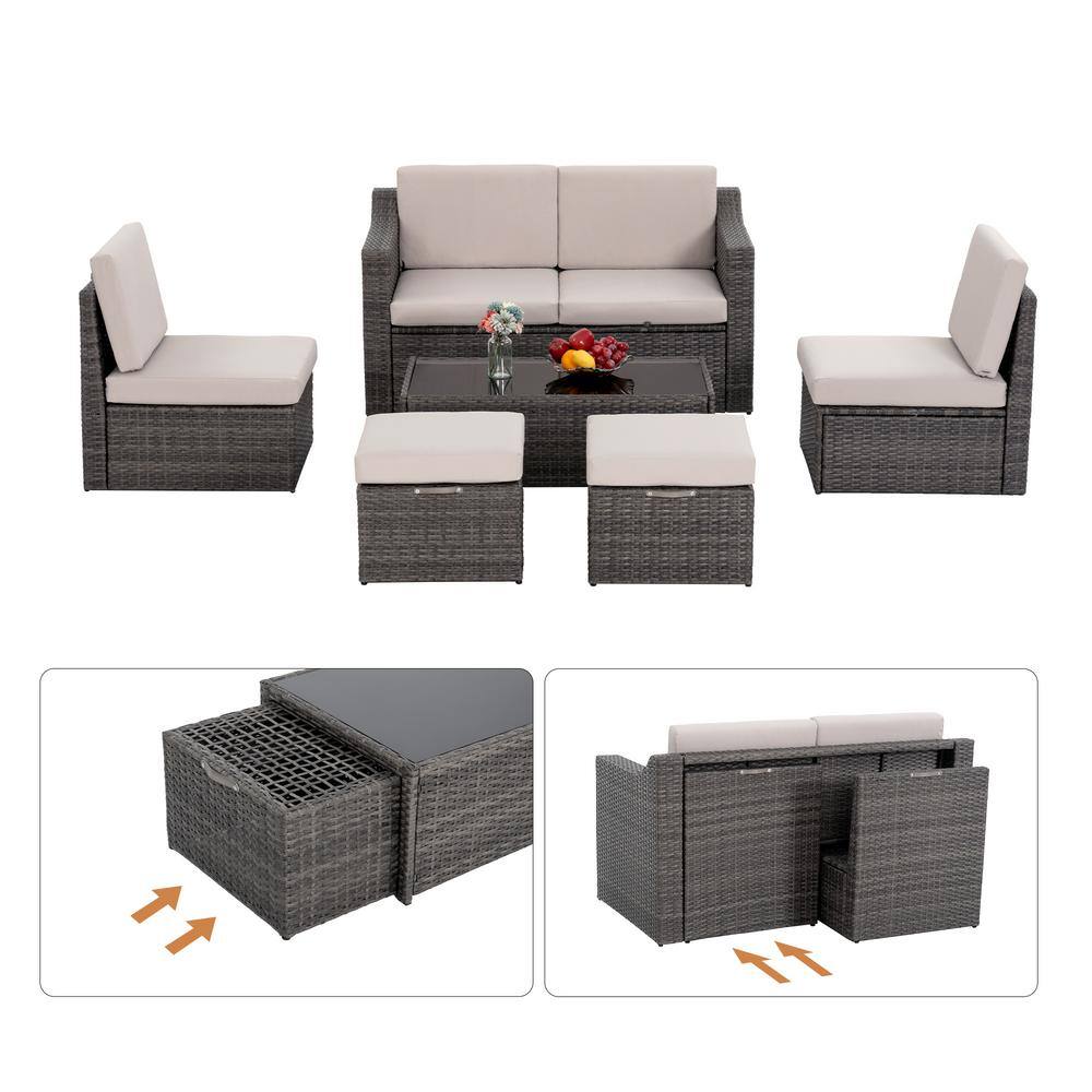 None 6-Piece Wicker Patio Conversation Set with Beige Cushions
