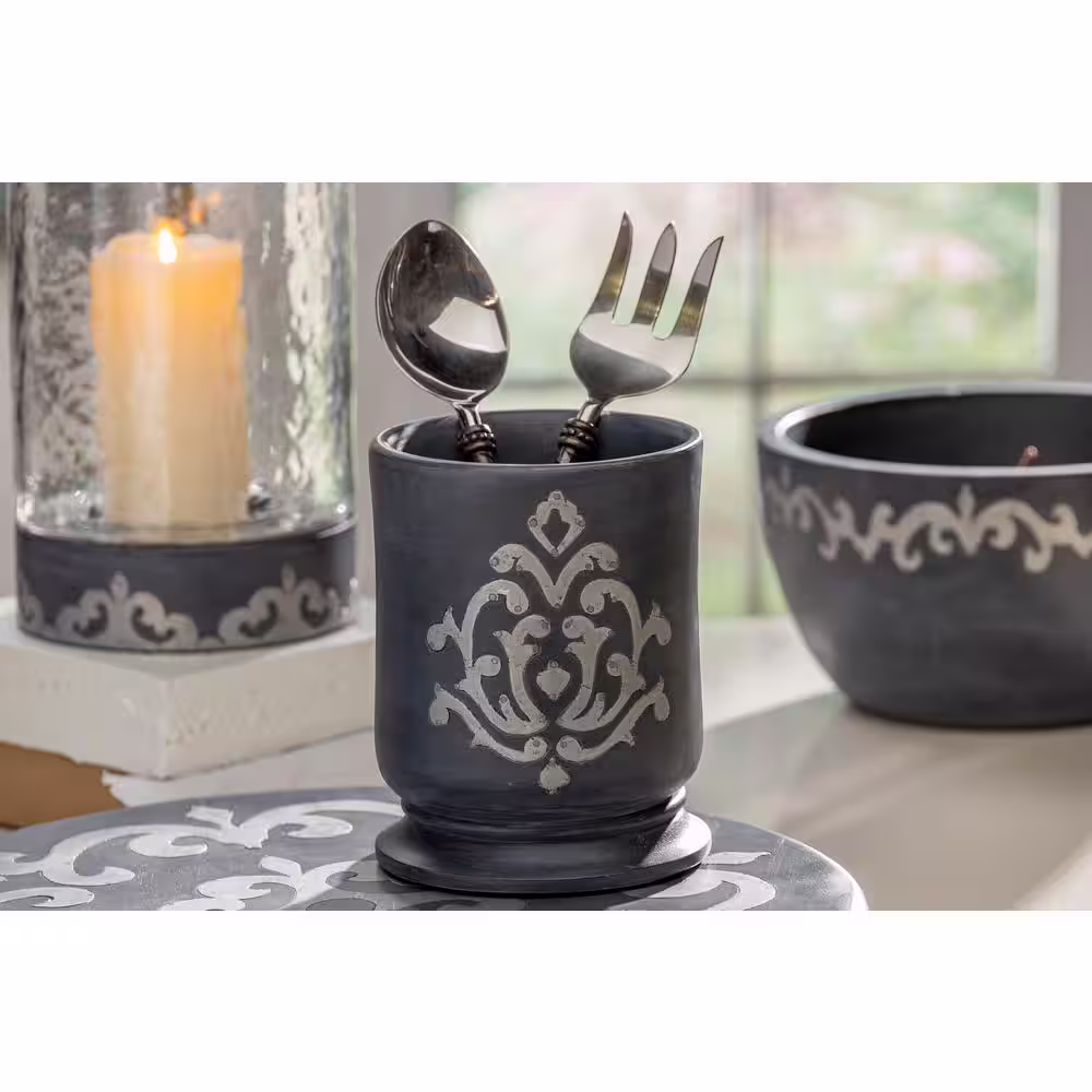 GG COLLECTION Gray-washed metal-inlay utensil holder