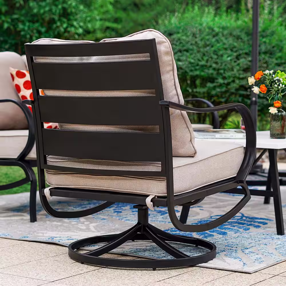 None Black Slatted 9-Seat 7-Piece Metal Outdoor Patio Conversation Set with Beige Cushions,2 Swivel Chairs and 2 Ottomans