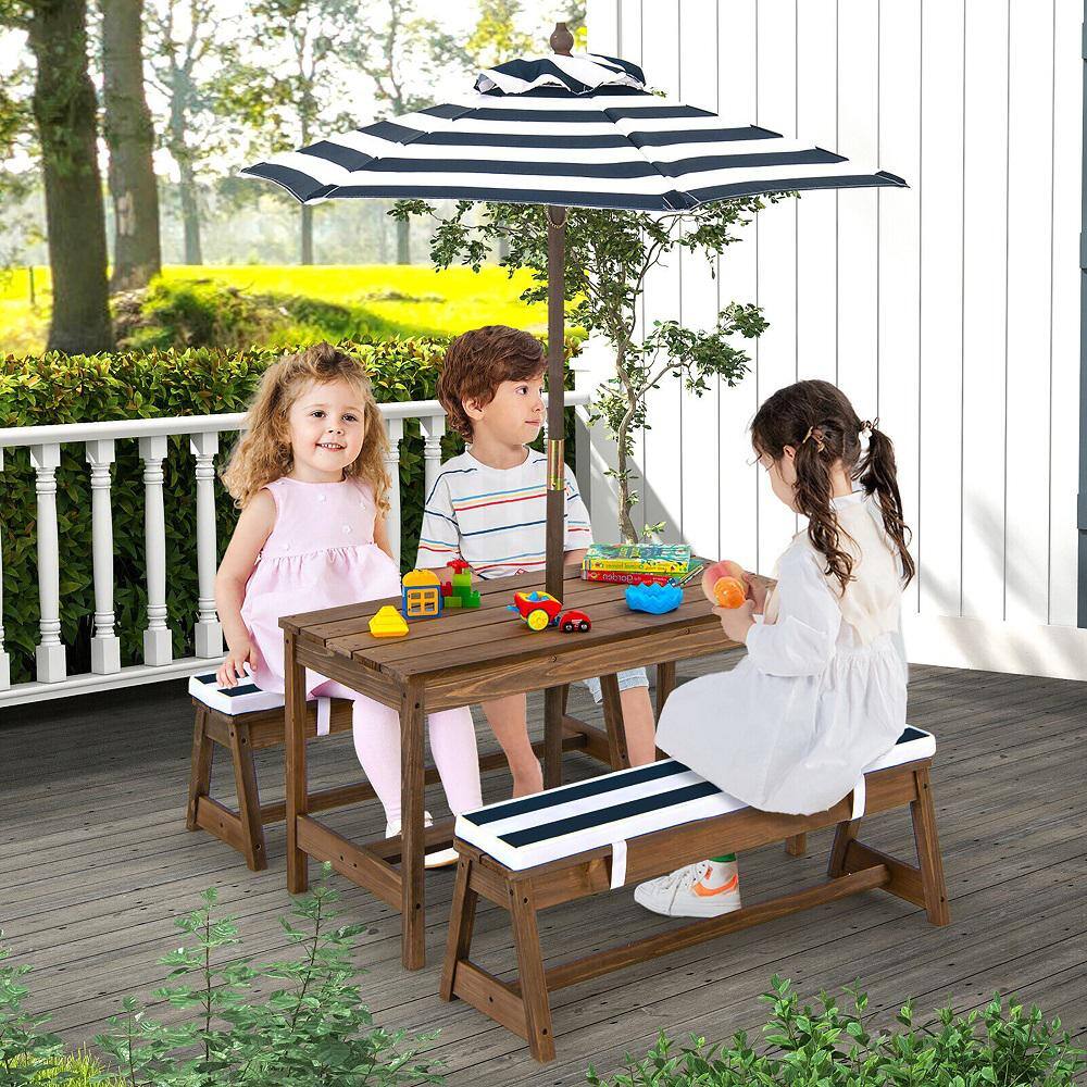 Gymax Wooden Top Blue Kids Wood Picnic Table and Bench Set w/Cushions Umbrella for Indoor Outdoor