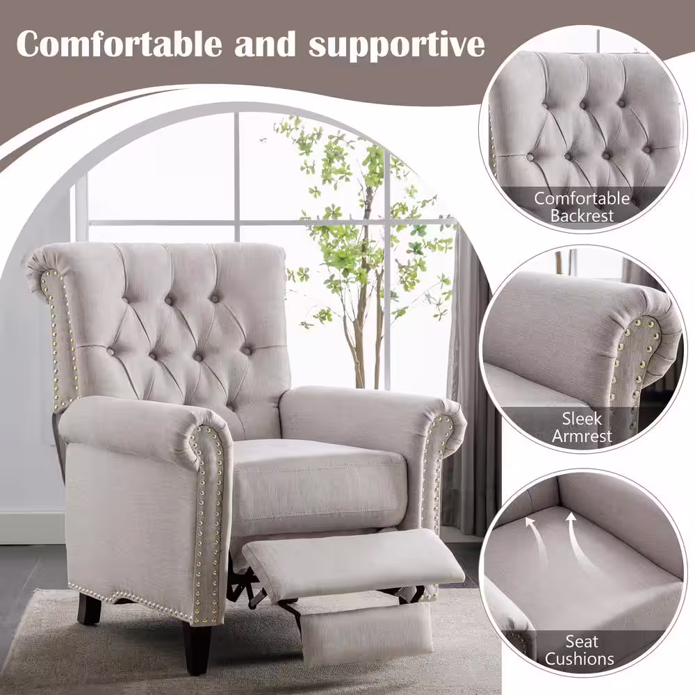 None Tan Linen Tufted Push Back Recliner Chair Living Room Chair, Single Sofa Accent Recliner with Nailheads Roll Arm
