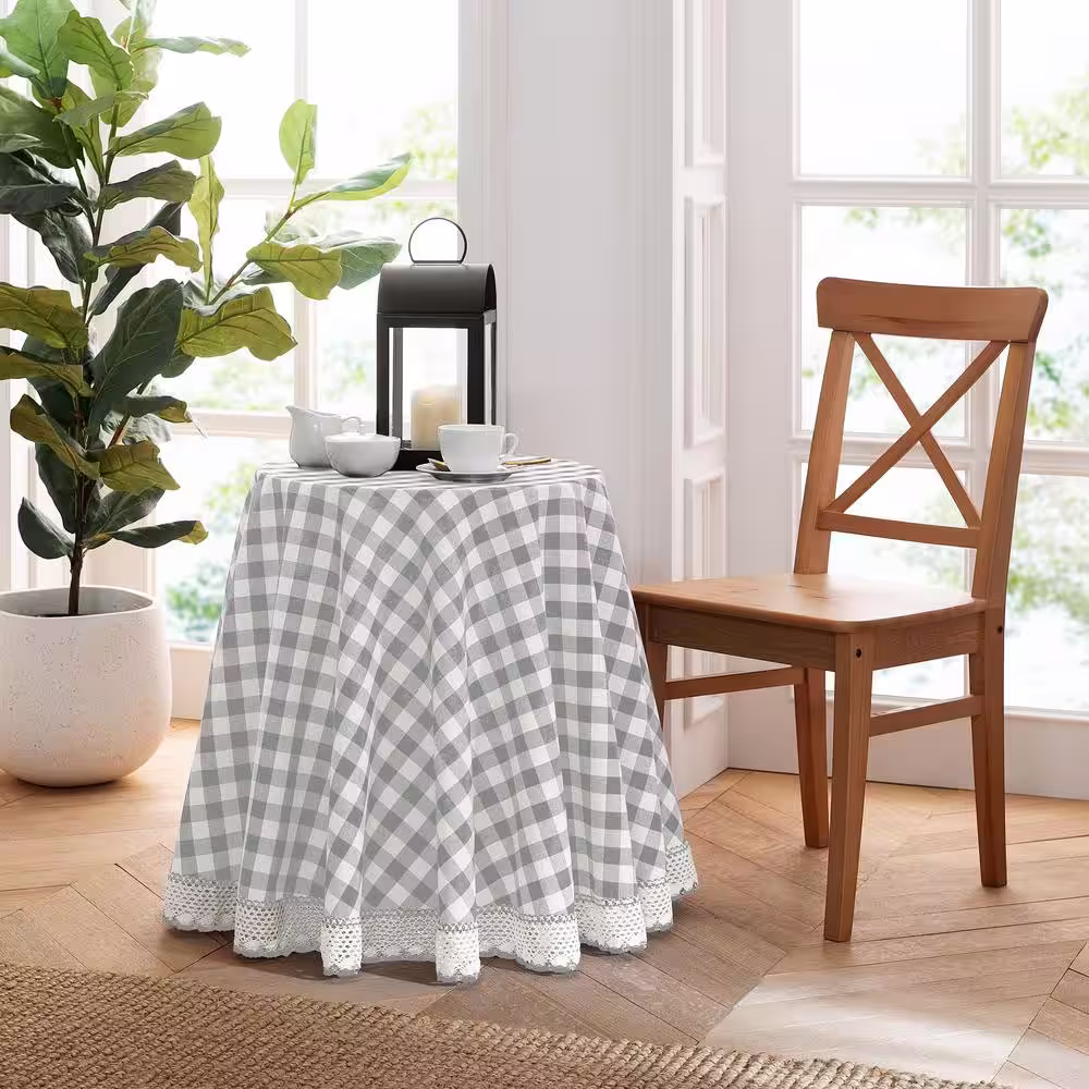 ACHIM Buffalo Check 70 in. W x 70 in. L Grey Checkered Polyester/Cotton Round Tablecloth