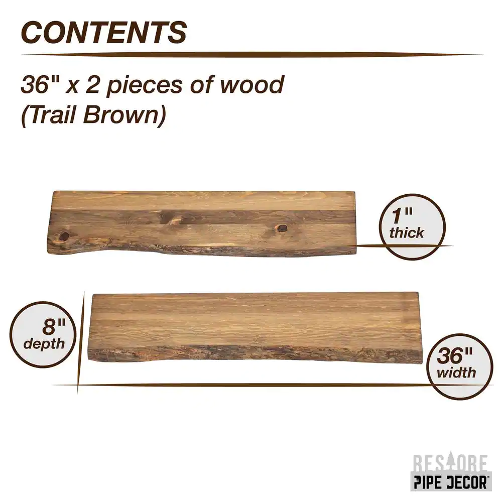 PIPE DECOR 36 in. x 8 in. x 1 in. Trail Brown Solid Pine Live Edge Wall Shelf (Set of 2)