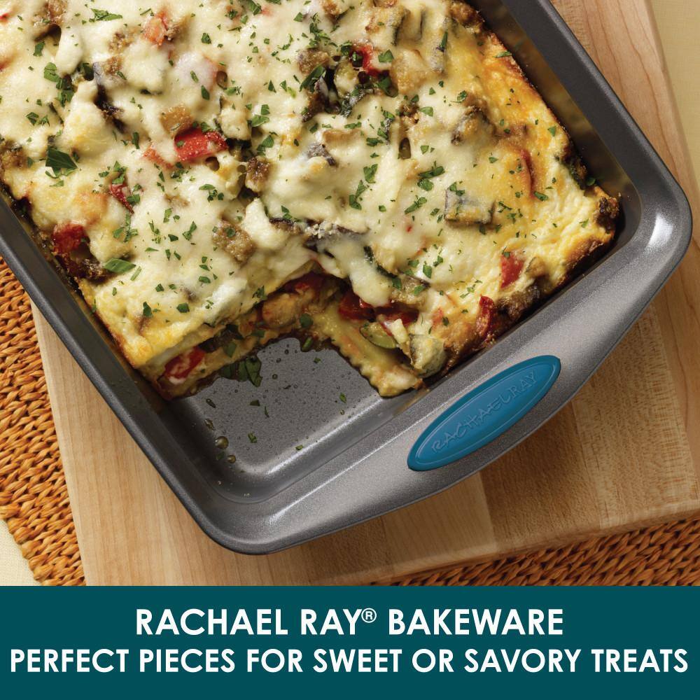 Rachael Ray Yum-o! Nonstick Bakeware Oven Lovin Rectangle Cake Pan, 9-Inch by 13-Inch, Gray with Marine Blue Handles