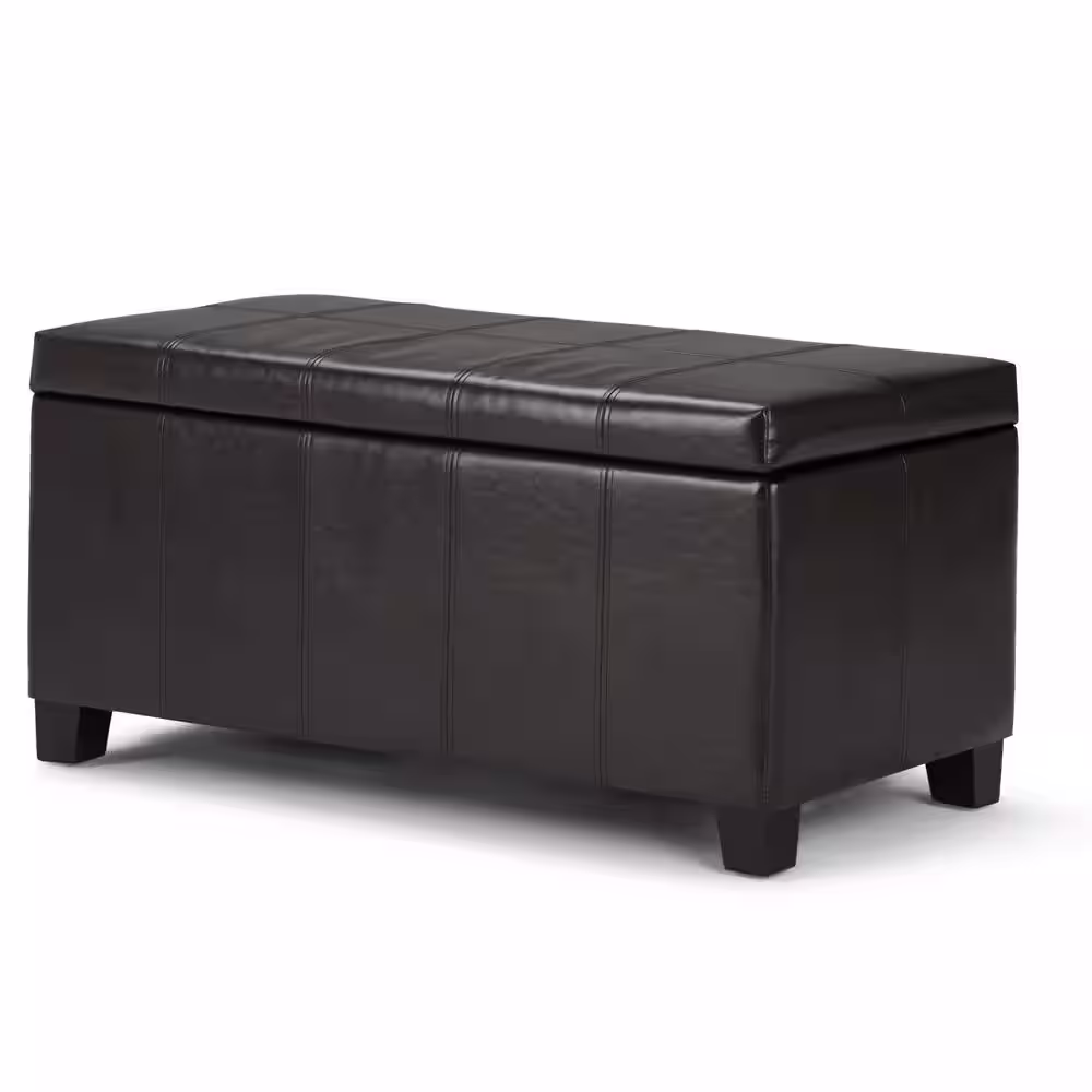 Simpli Home Avalon 48 in. Contemporary Storage Ottoman in Tanners Brown Faux Leather
