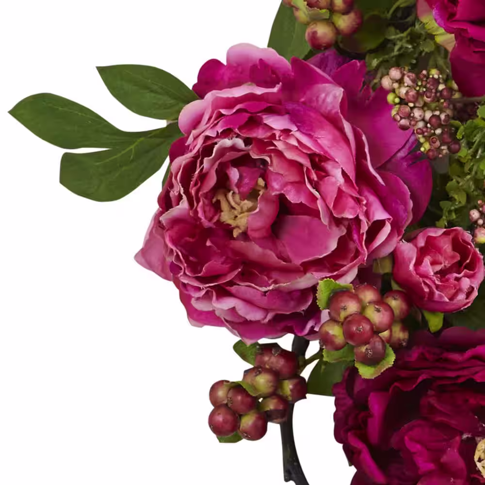 Nearly Natural Peony and Berry 20 in. Artificial Wreath
