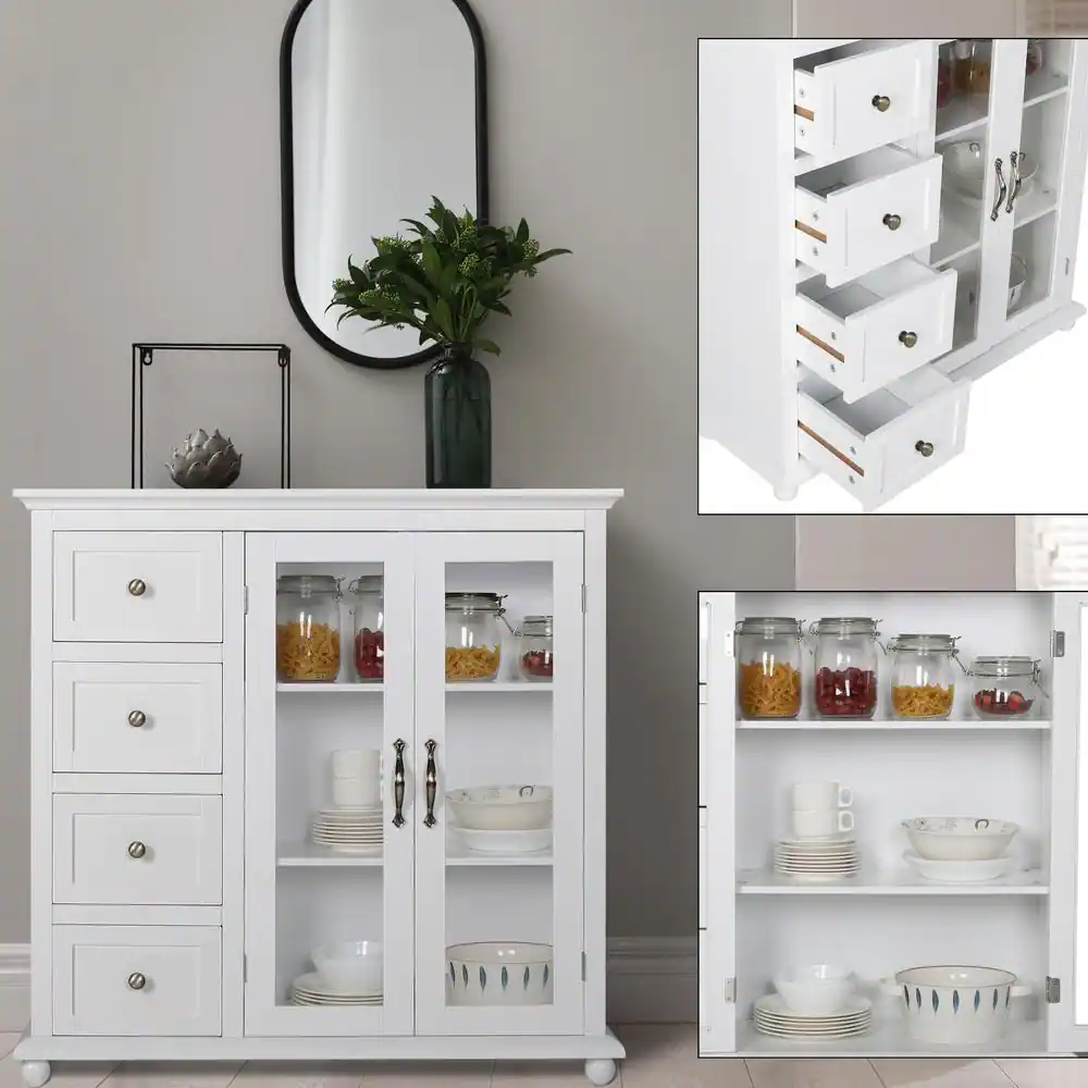 VEIKOUS White Kitchen Cabinet Storage Sideboard with Glass Door and Drawers