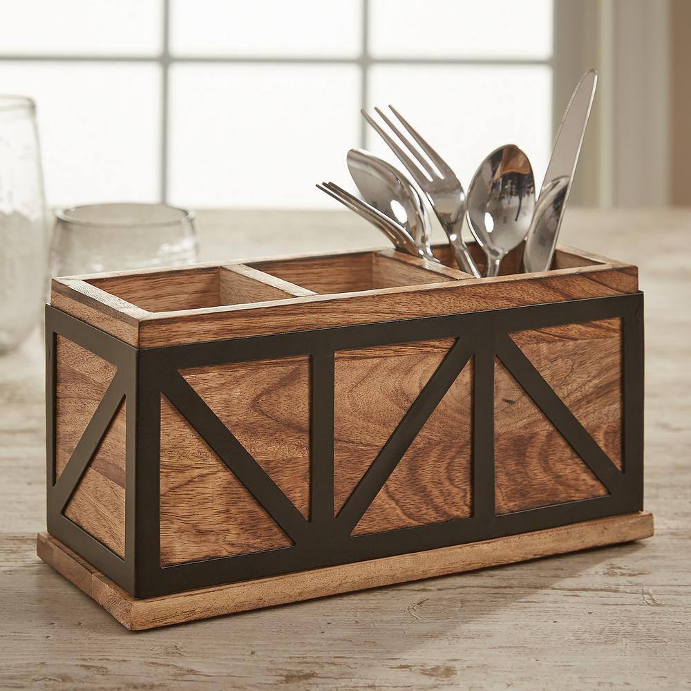 Split P 5 in. H x 10 in. W x 4.25 in. D Urban Farmhouse Modern Wood and Metal Utensil Caddy
