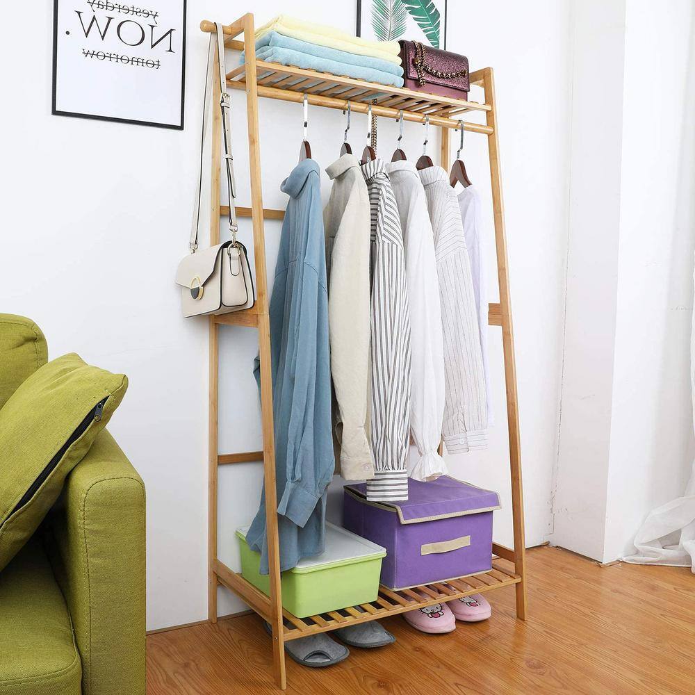None Brown Bamboo Garment Clothes Rack 25.7 in. W x 55 in. H