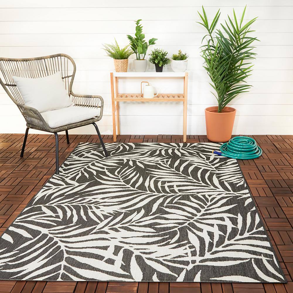 Hampton Bay Tropical Palm Leaves Black 5 ft. x 7 ft. Indoor/Outdoor Patio Area Rug