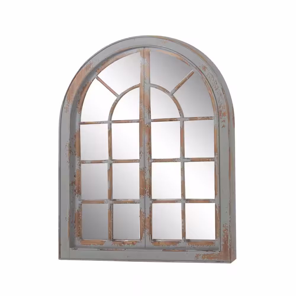 Litton Lane 48 in. x 37 in. Window Pane Inspired Arched Framed Gray Wall Mirror with Arched Top and Distressing