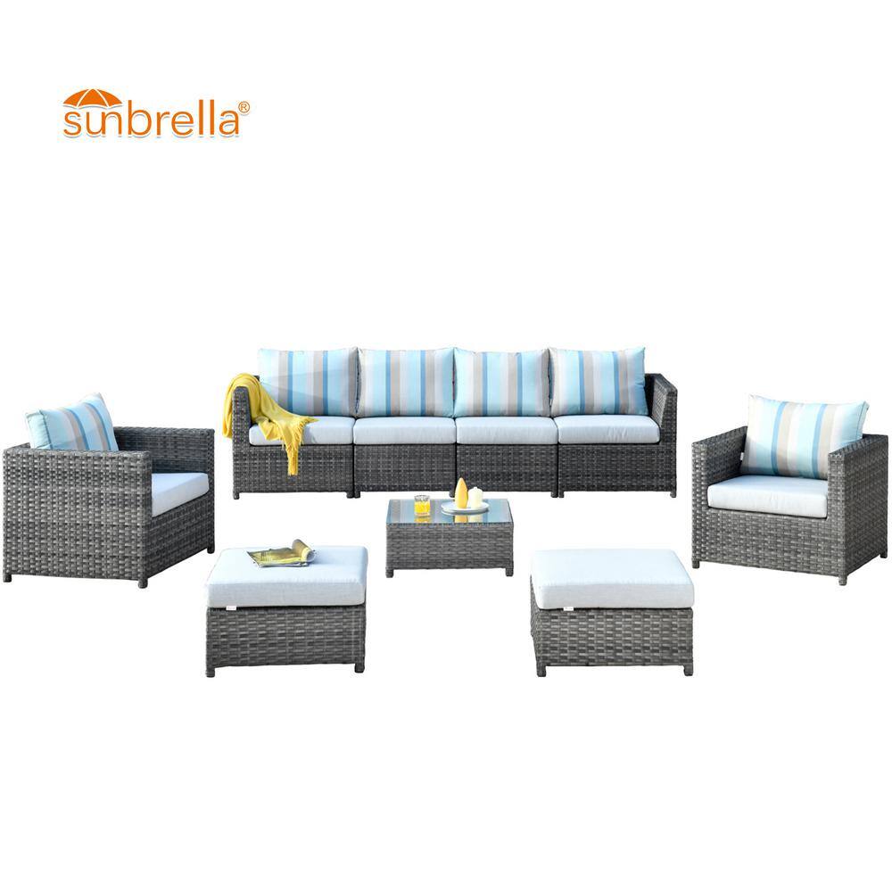 HOOOWOOO Lake Caddo Gray 9-Piece No Assembly Wicker Patio Conversation Sofa Set with a Coffee Table and Sunbrella Cushions