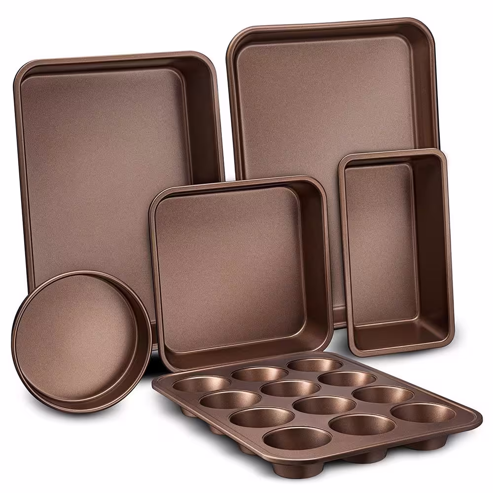 NutriChef 6-Piece Gold Carbon Steel Bakeware Set with Cookie Tray, Cake Pan, Muffin Pan, and Bread Loaf Pan (2-Pack)