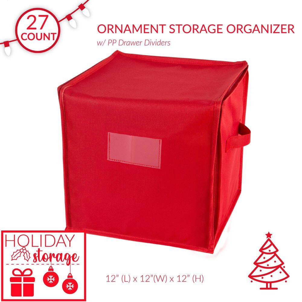 SIMPLIFY 12.2 in. D x 12.2 in. W x 12.2 in. H Red Plastic 27-Count Stackable Cube Storage BinChristmas Ornament Storage Box