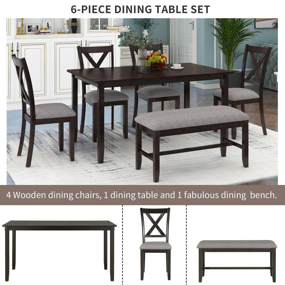 None 6-Piece Espresso Rustic Farmhouse Kitchen Simple Wooden Dining Table and 4-Chairs with Fabric Cushion Bench