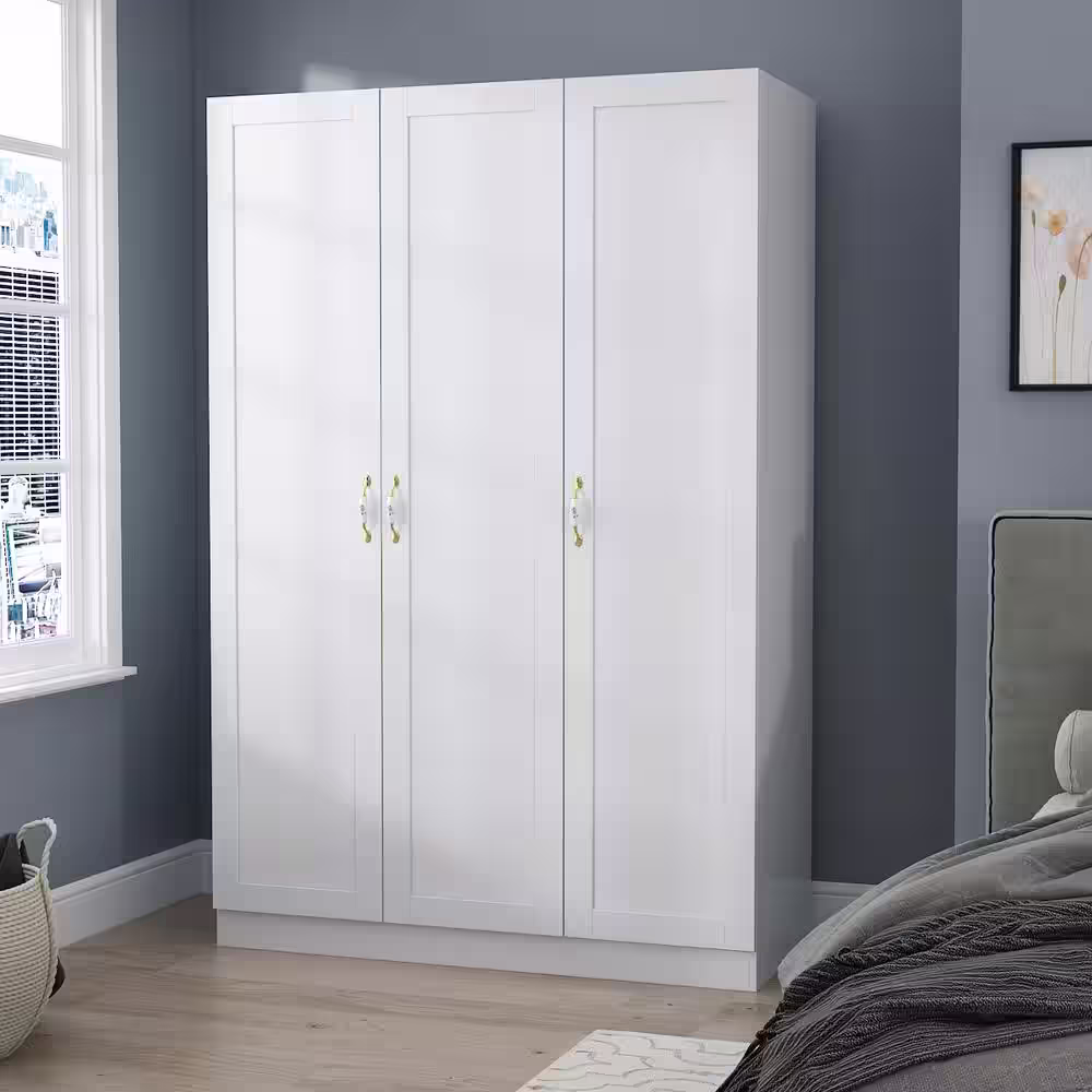 FUFU&GAGA White 3-Doors Armoires Wardrobe with Hanging Rod and Storage Cubes 69.6 in. H x 47.2 in. W x 19.6 in. D