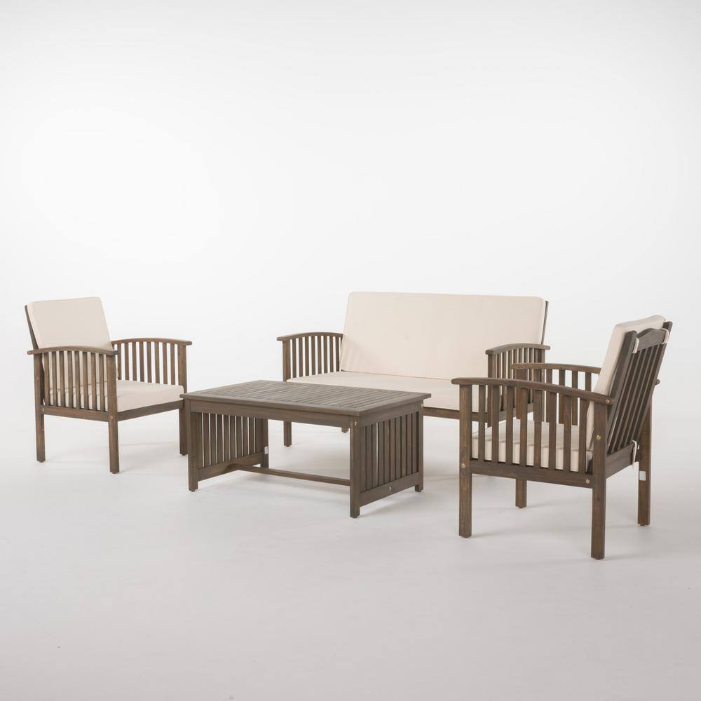 Noble House Carolina Grey 4-Piece Wood Patio Conversation Set with Cream Cushions
