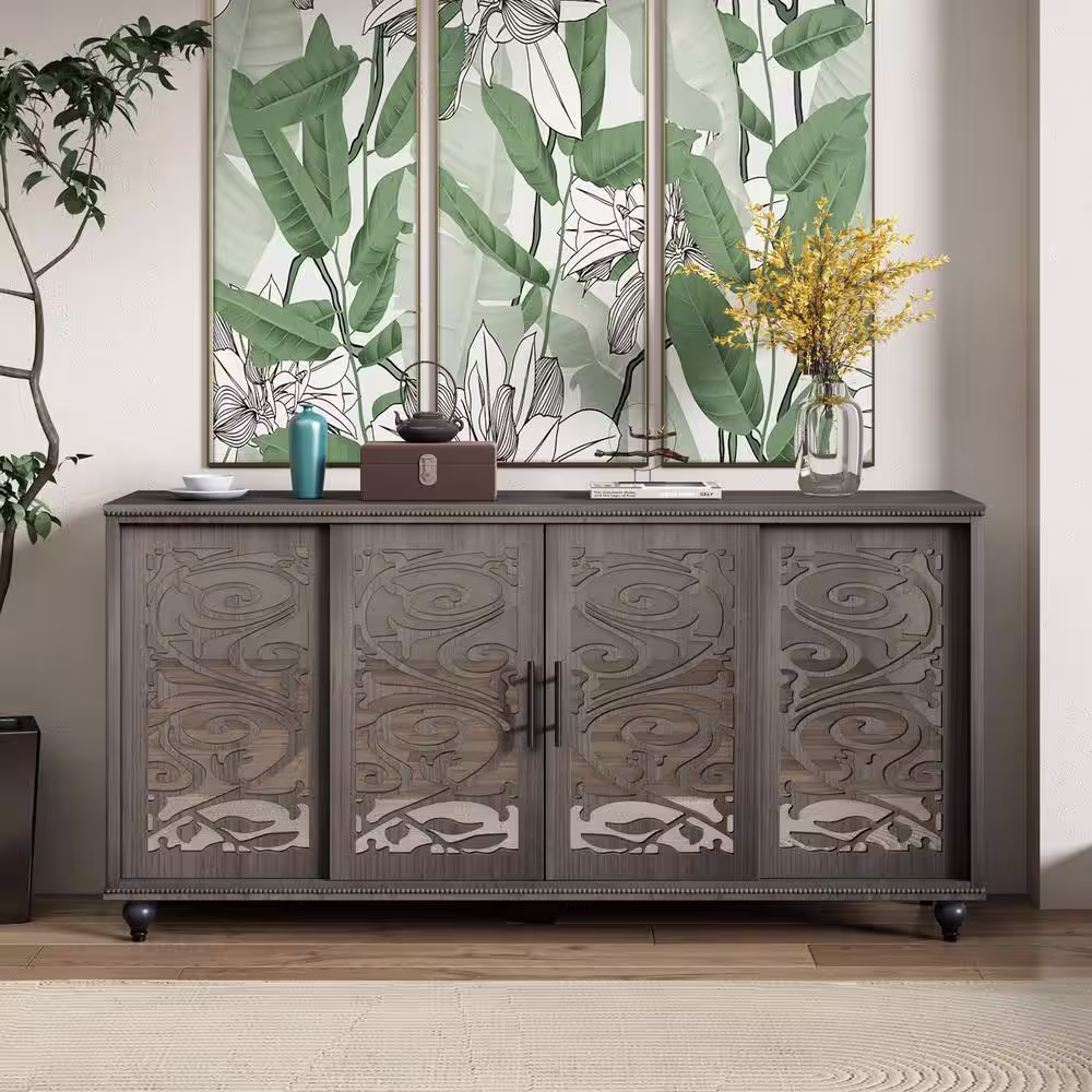 None Distressed Paint 63 in. L Gray Rectangle Wood Console Table Entryway Table with Hollow Out Carved Sliding Doors