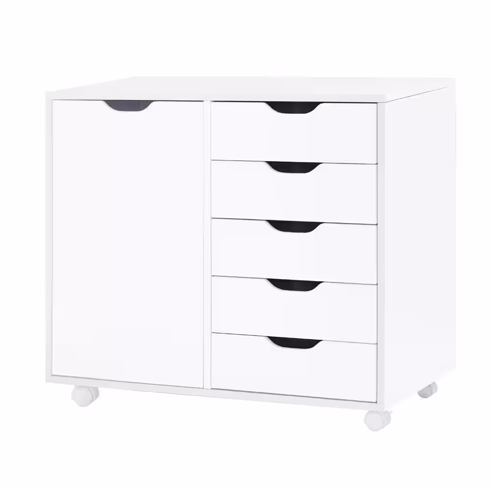 HOMESTOCK White, 5 Drawer Wood Storage Dresser Cabinet with Shelves, Wheels, Craft Storage, Makeup Drawer File Cabinet,