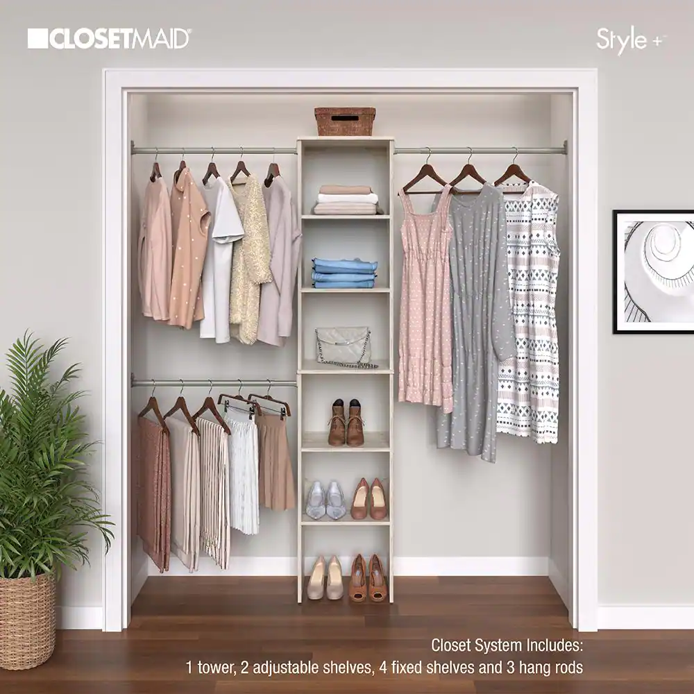 ClosetMaid Style+ 72 in. W - 113 in. W Bleached Walnut Narrow Wood Closet System
