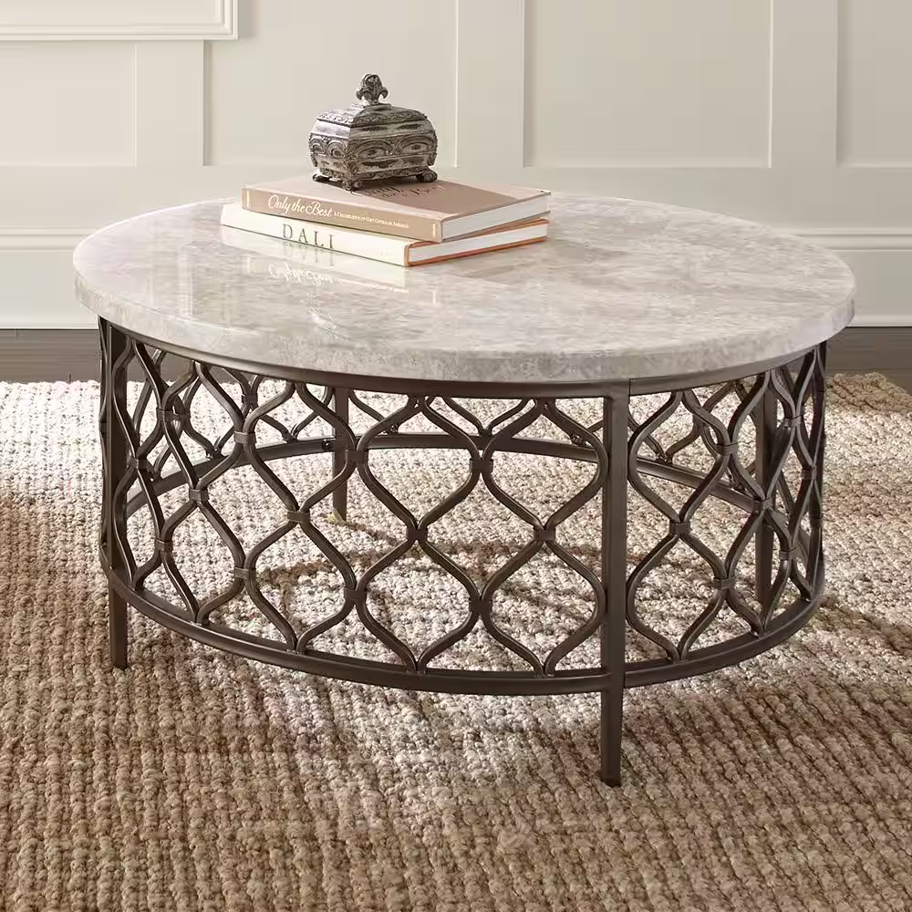 Steve Silver Roland 36 in. Cream/Black Medium Round Stone Coffee Table