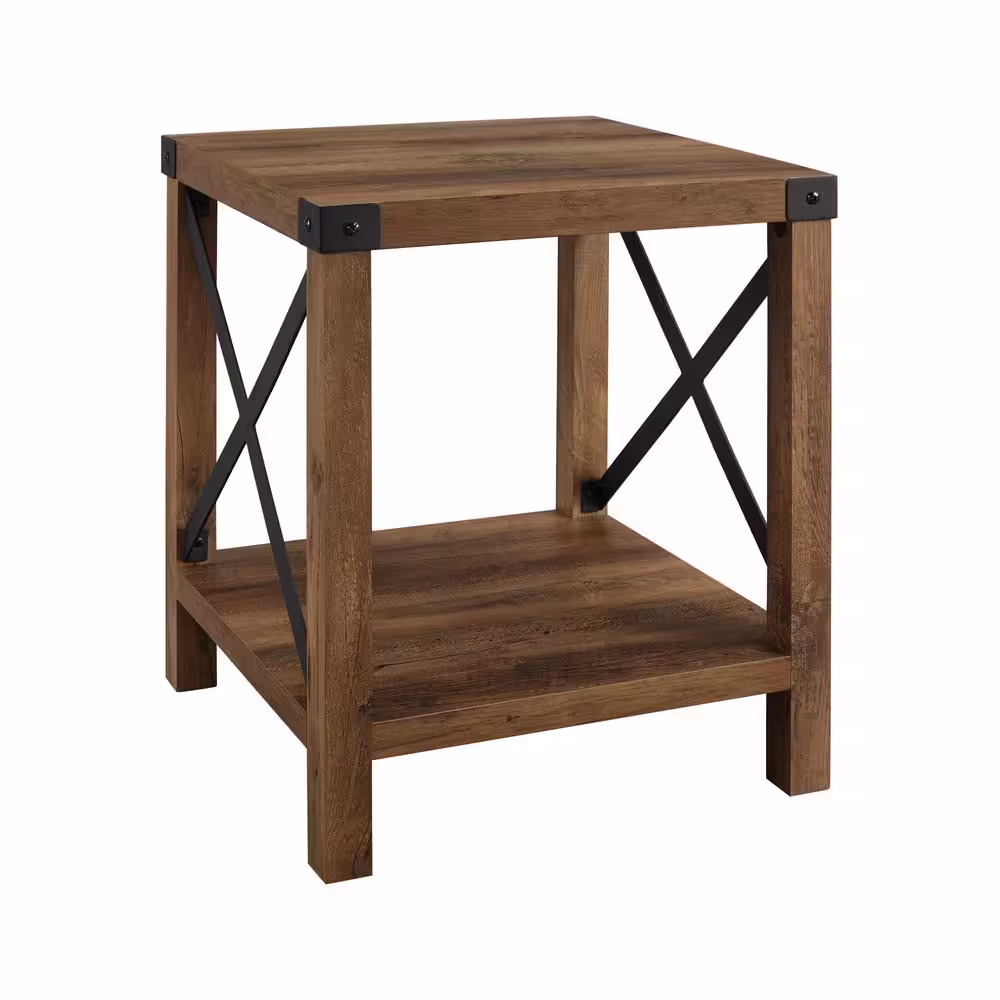 Walker Edison Furniture Company Urban Industrial 18 in. Rustic Oak Square Metal X Accent Side Table with Lower Shelf