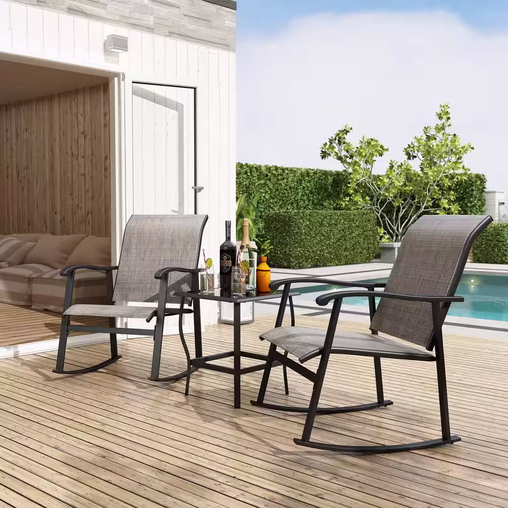 None Gray 3-Piece Metal Frame Textilene Patio Conversation Set with Glass Table, For Outdoor, Pool, Garden