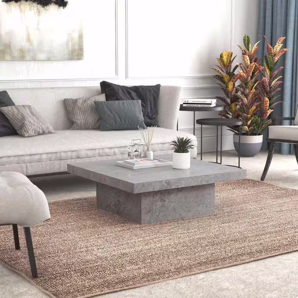 None Carmelo 35.4 in Concrete Cool Grey Square Wood Top Coffee Table