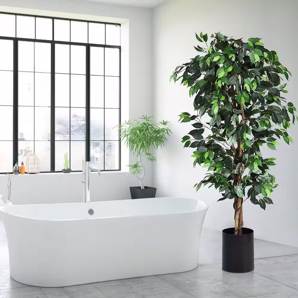 Costway 6 ft. Artificial Ficus Silk Tree Home Living Room Office Decor Wood Trunks