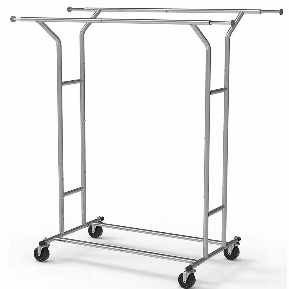 None Chrome Metal Garment Clothes Rack Double Rods 42.75 in. W x 61.3 in. H