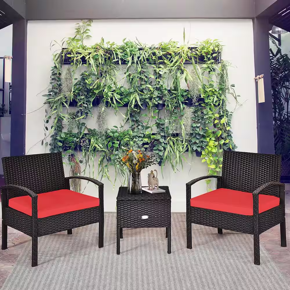 Costway 3-Pieces Wicker Outdoor Sectional Set with Red Cushion