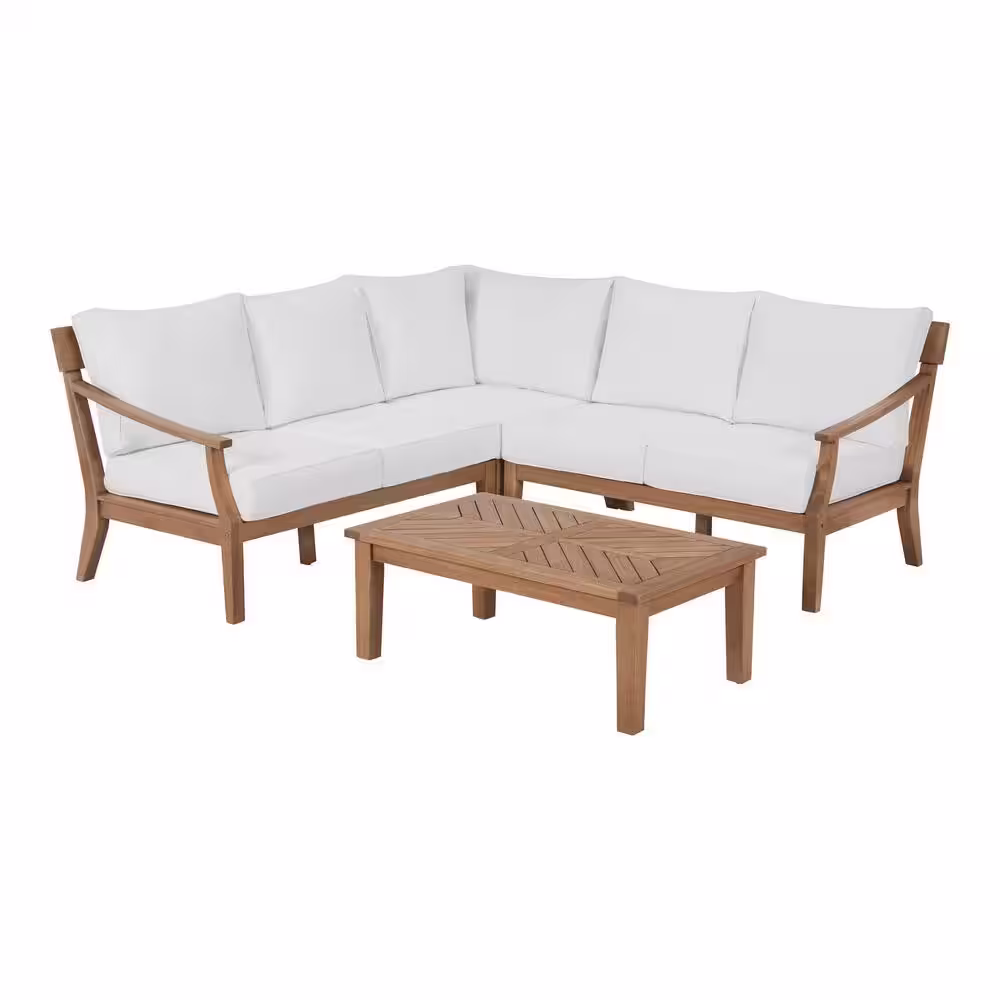 Hampton Bay Woodford Eucalyptus Wood Outdoor Conversation Set with Bright White Cushions