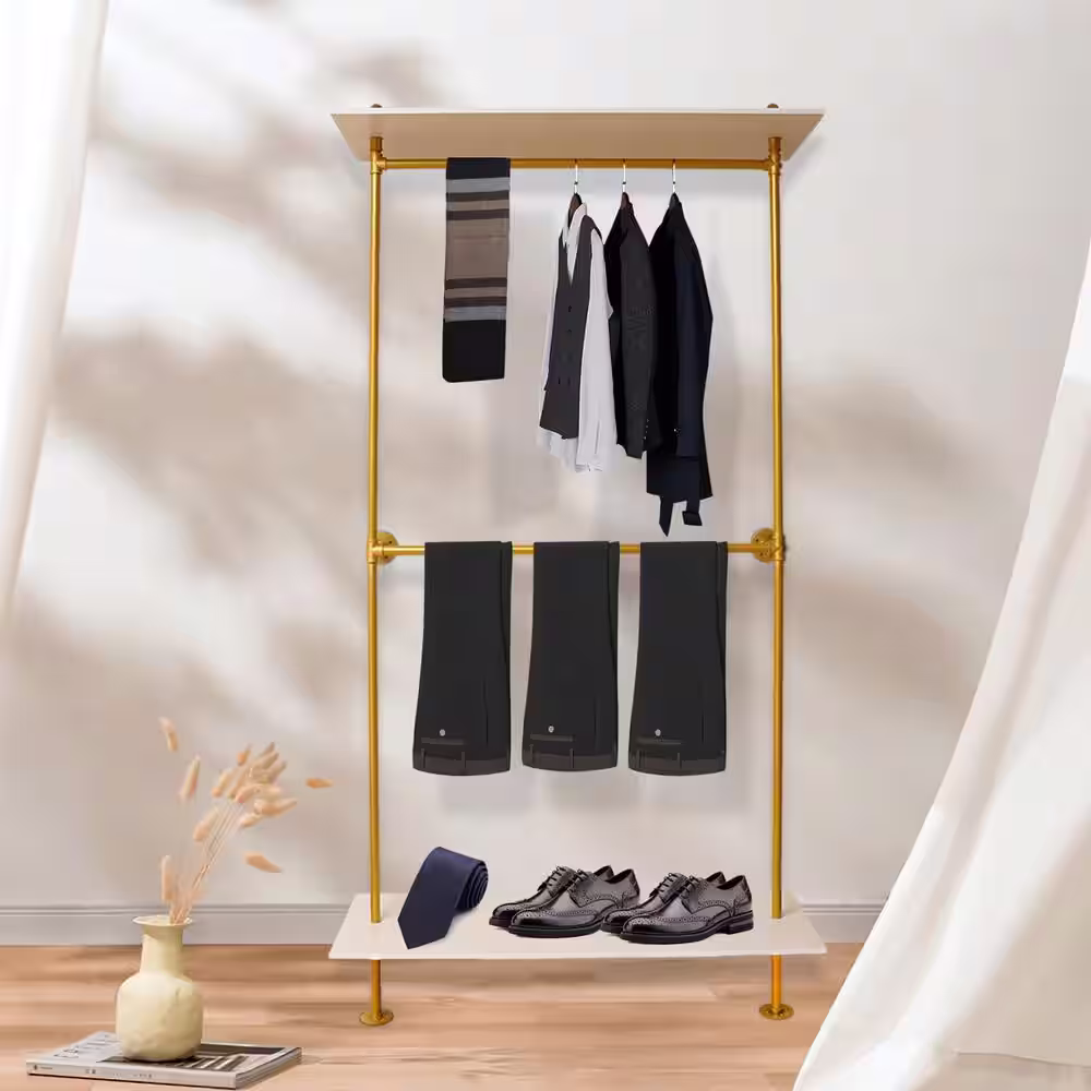 None Gold Wall-Mounted Modern Industrial Iron Pipe Hanging Rods Clothes Rack with 2 Tier Wood Shelf 92.13 in. H x 17.7 in. W