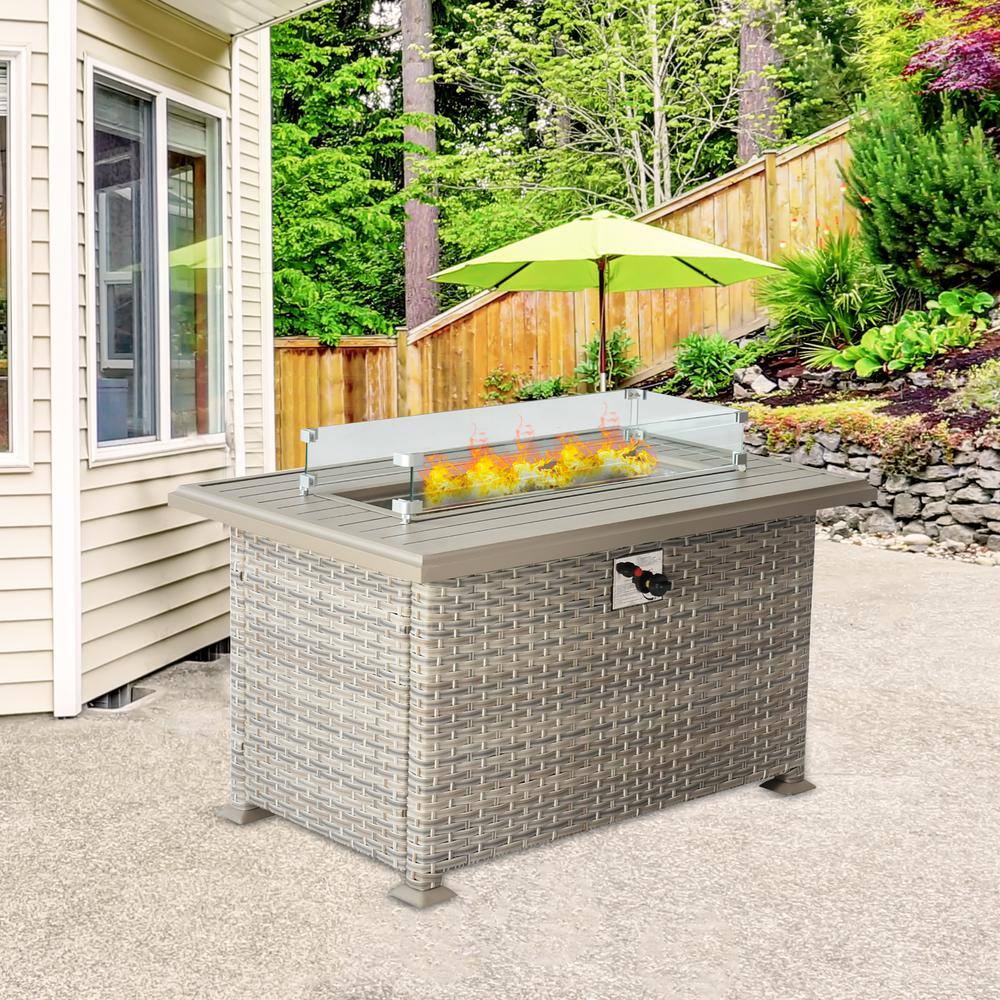 None 43.3 in. W Beige Brown Wicker Gas Fire Table Patio Propane Aluminium Rectangle Gas Fire Pit with Glass Wind Guard