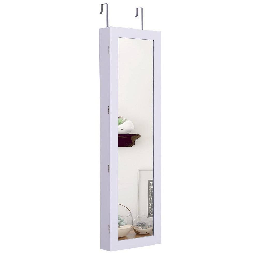 HONEY JOY White Door Mounted Mirrored Jewelry Cabinet Dressing Storage Box with LED lights