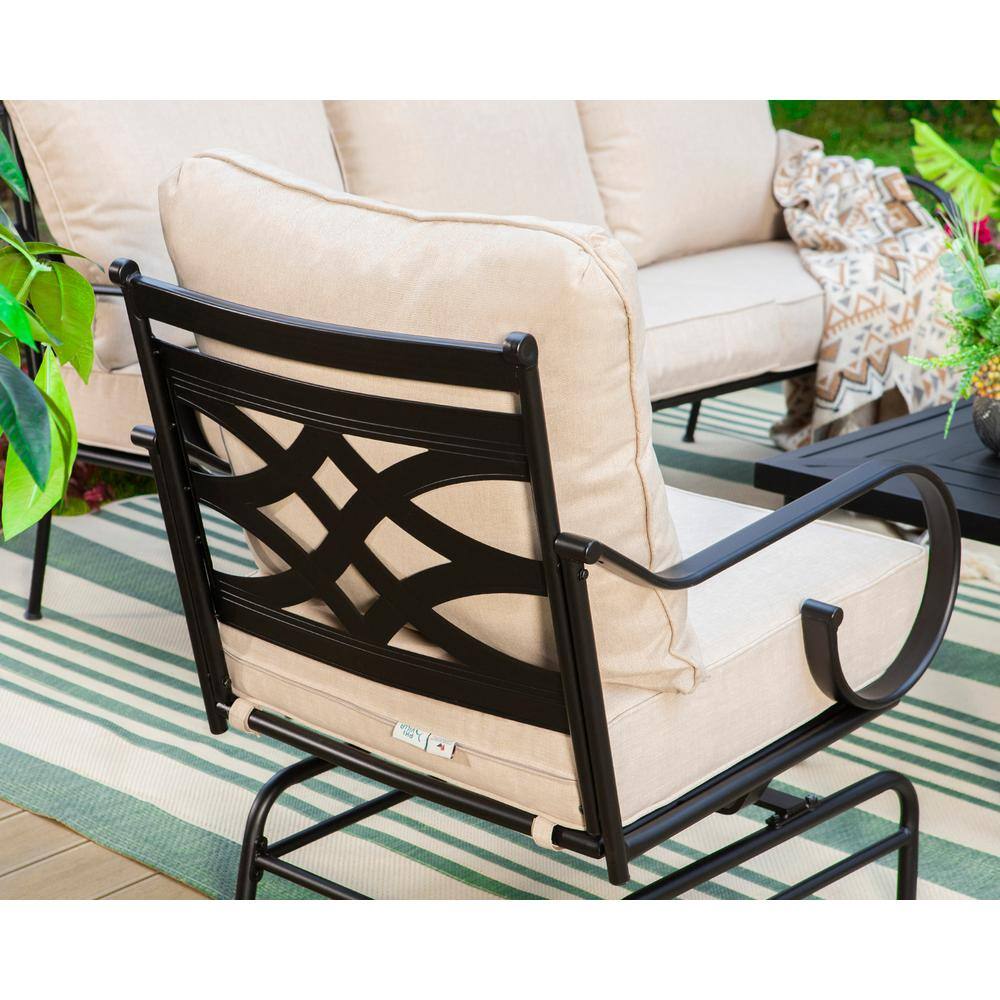None Black Metal 5 Seat 4-Piece Steel Outdoor Patio Conversation Set with Beige Cushions, Table with Stripe-Shaped Top