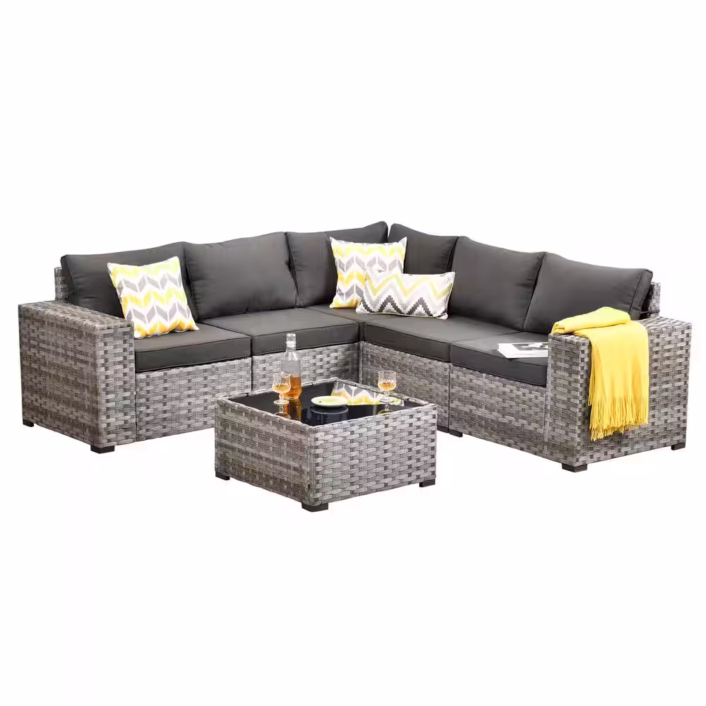HOOOWOOO Tahoe Gray 6-Piece Wicker Extra-Wide Arm Outdoor Patio Conversation Sofa Set with Black Cushions